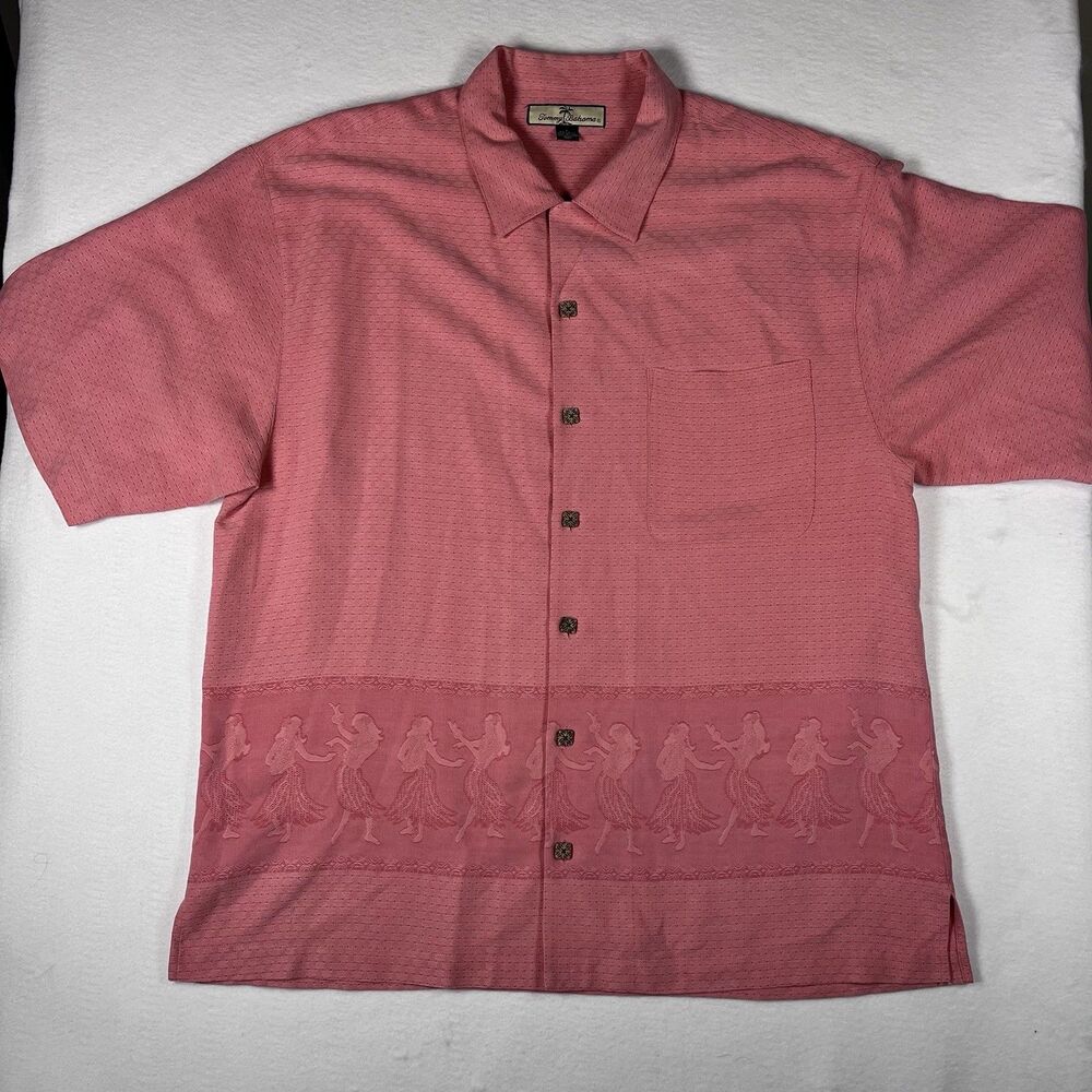 Tommy Bahama Mens L Pink Silk Hula Girl Embroidered Camp Shirt